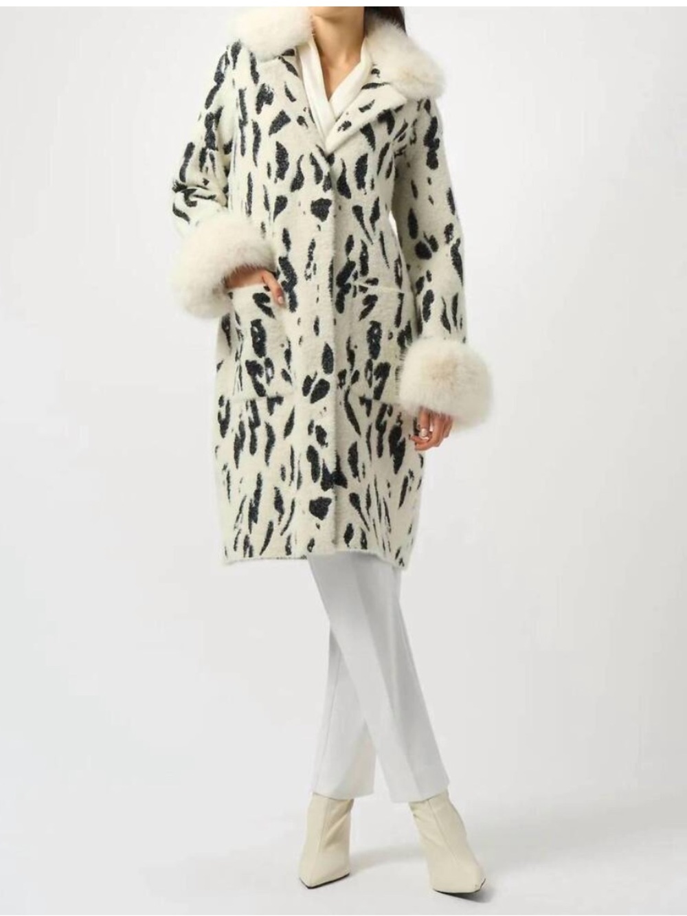 NWT Joseph Ribkoff Animal Print Coat with Faux Fur Trim Medium Style 253904